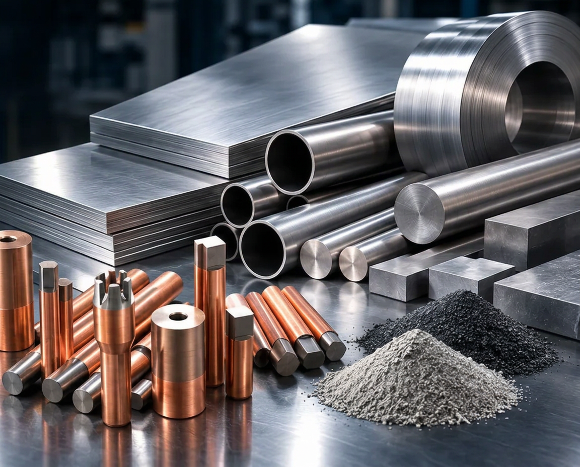 Metal sheets, bars, tubes, strips, foils, flat bars and metal powders with copper resistance welding electrodes featuring tungsten inserts